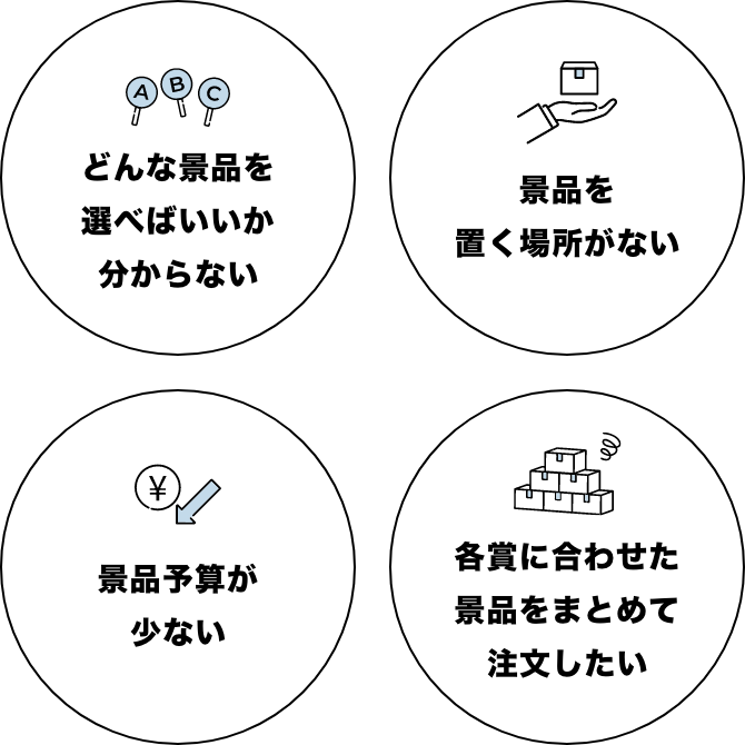 景品を選んでも喜んでもらえるか不安、おしゃれな景品にはどんなアイテムがある？、自分ひとりで景品を選びきれない、いろんなアイテムをまとめて注文したい